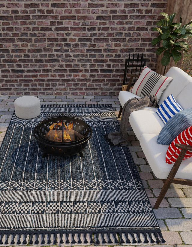 Navy Blue 2' x 3' 1 Eco Bohemian Indoor Outdoor Rectangle Area Rug Weather Resistant for Patio, Deck, Terrace, Balcony, Porch 100% Recycled PET Polyester Carpet Mat for Sale at Rug Engine