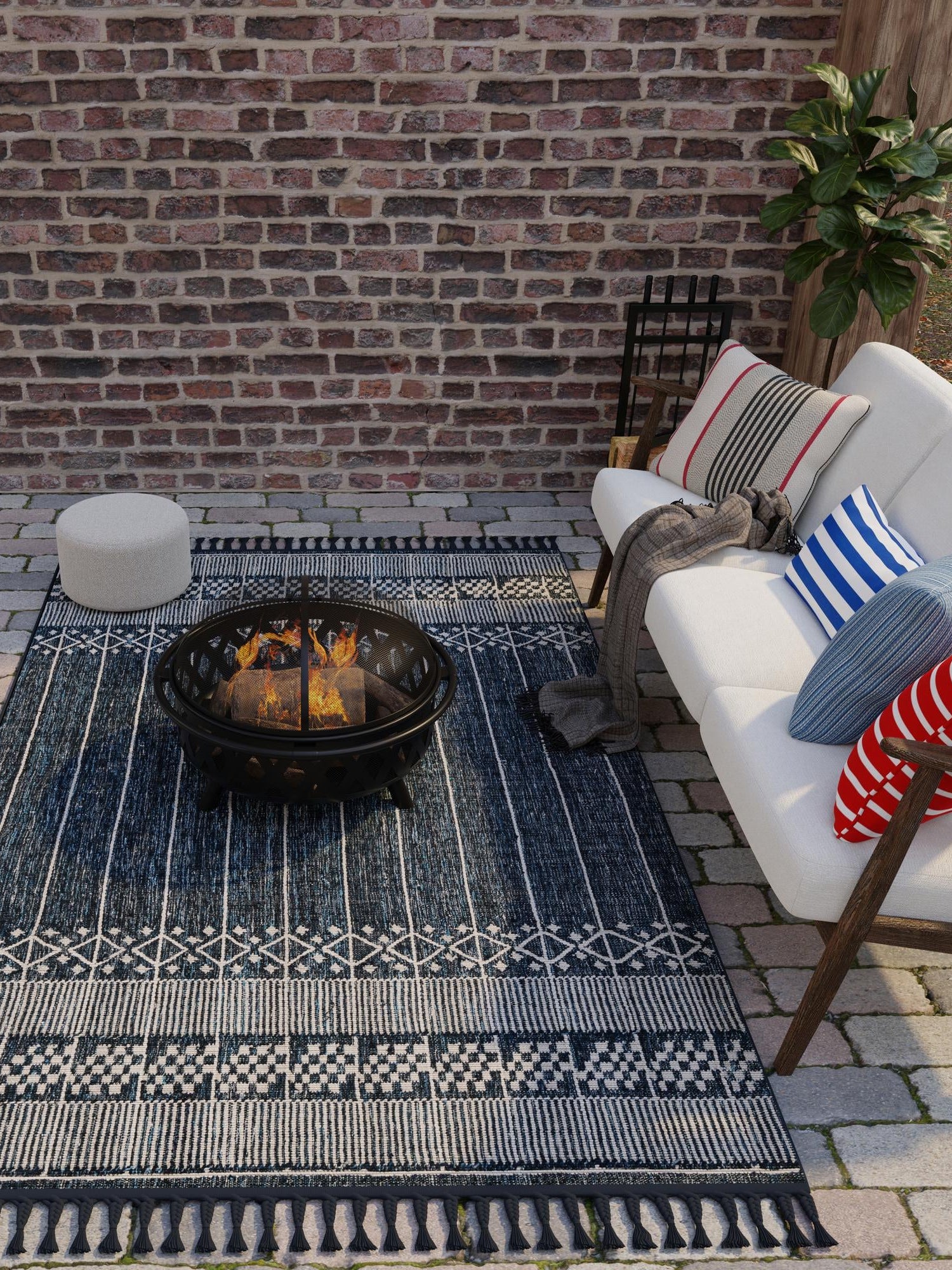 Navy Blue 10' x 14' 1 Eco Bohemian Indoor Outdoor Rectangle Area Rug Weather Resistant for Patio, Deck, Terrace, Balcony, Porch 100% Recycled PET Polyester Carpet Mat for Sale at Rug Engine