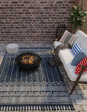 Navy Blue 10' x 14' 1 Eco Bohemian Indoor Outdoor Rectangle Area Rug Weather Resistant for Patio, Deck, Terrace, Balcony, Porch 100% Recycled PET Polyester Carpet Mat for Sale at Rug Engine