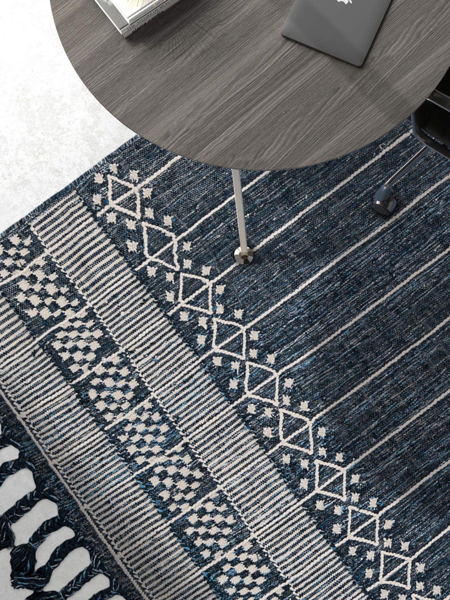 Navy Blue 10' x 14' 1 Eco Bohemian Indoor Outdoor Rectangle Area Rug Weather Resistant for Patio, Deck, Terrace, Balcony, Porch 100% Recycled PET Polyester Carpet Mat for Sale at Rug Engine
