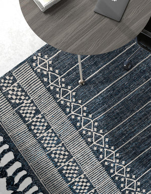 Navy Blue 4' 1 x 6' 1 Eco Bohemian Indoor Outdoor Rectangle Area Rug Weather Resistant for Patio, Deck, Terrace, Balcony, Porch 100% Recycled PET Polyester Carpet Mat for Sale at Rug Engine