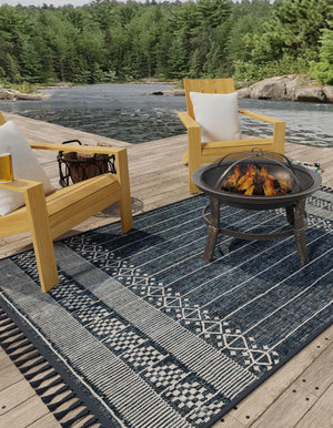 Navy Blue 2' x 3' 1 Eco Bohemian Indoor Outdoor Rectangle Area Rug Weather Resistant for Patio, Deck, Terrace, Balcony, Porch 100% Recycled PET Polyester Carpet Mat for Sale at Rug Engine