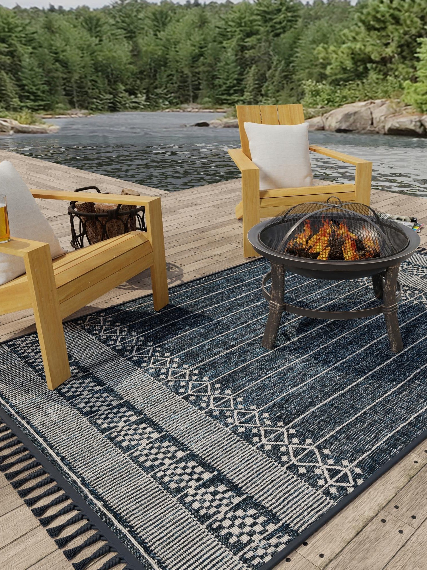 Navy Blue 10' x 14' 1 Eco Bohemian Indoor Outdoor Rectangle Area Rug Weather Resistant for Patio, Deck, Terrace, Balcony, Porch 100% Recycled PET Polyester Carpet Mat for Sale at Rug Engine