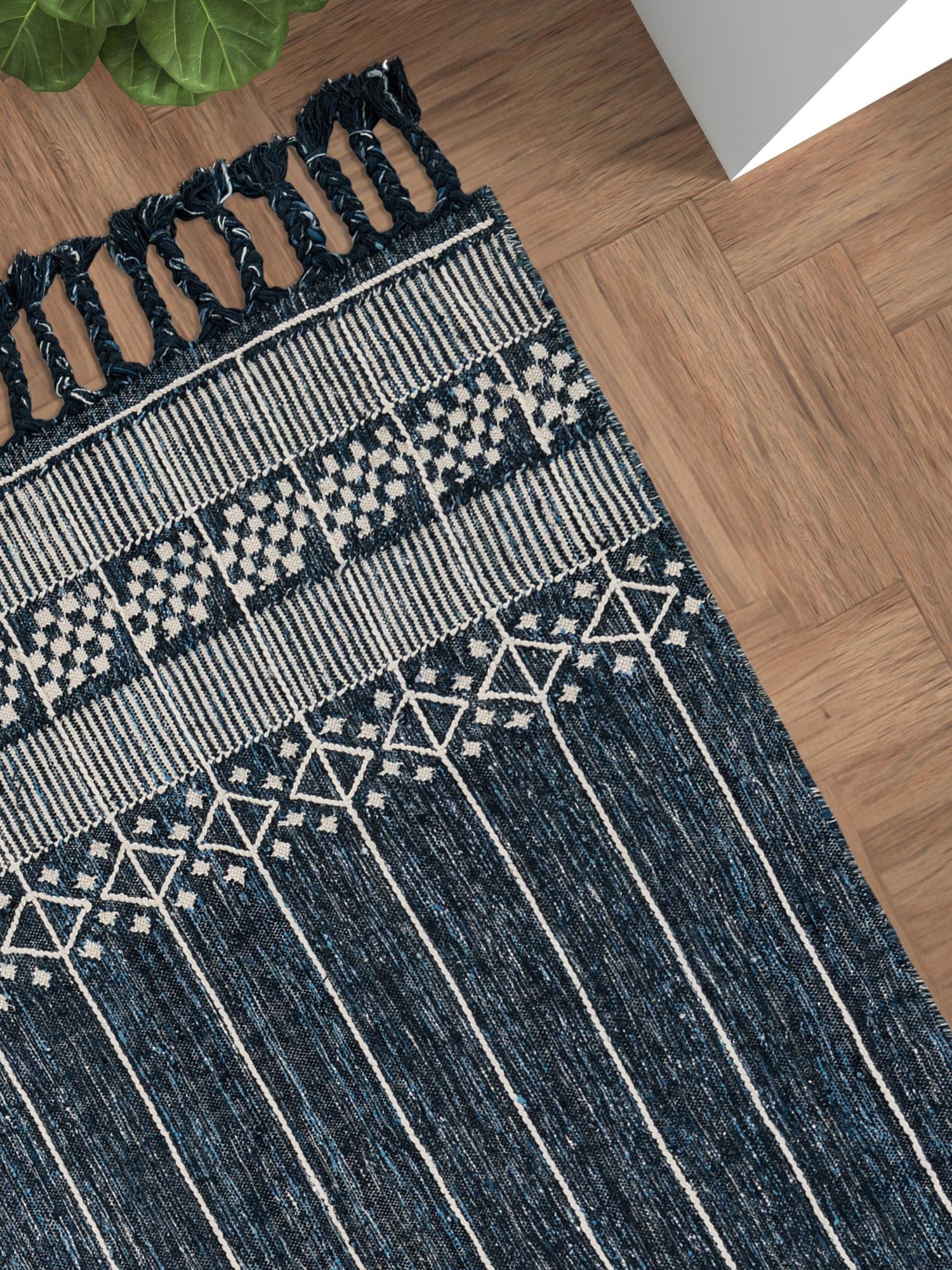 Navy Blue 7' 10 x 10' Eco Bohemian Indoor Outdoor Rectangle Area Rug Weather Resistant for Patio, Deck, Terrace, Balcony, Porch 100% Recycled PET Polyester Carpet Mat for Sale at Rug Engine