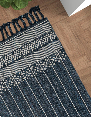 Navy Blue 2' x 3' 1 Eco Bohemian Indoor Outdoor Rectangle Area Rug Weather Resistant for Patio, Deck, Terrace, Balcony, Porch 100% Recycled PET Polyester Carpet Mat for Sale at Rug Engine