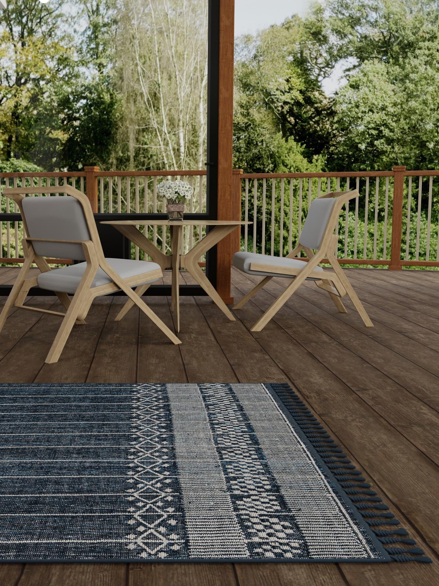 Navy Blue 4' 1 x 6' 1 Eco Bohemian Indoor Outdoor Rectangle Area Rug Weather Resistant for Patio, Deck, Terrace, Balcony, Porch 100% Recycled PET Polyester Carpet Mat for Sale at Rug Engine