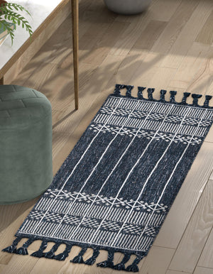 Navy Blue 2' 2 x 6' 7 Eco Bohemian Indoor Outdoor Runner Area Rug Weather Resistant for Patio, Deck, Terrace, Balcony, Porch 100% Recycled PET Polyester Carpet Mat for Sale at Rug Engine
