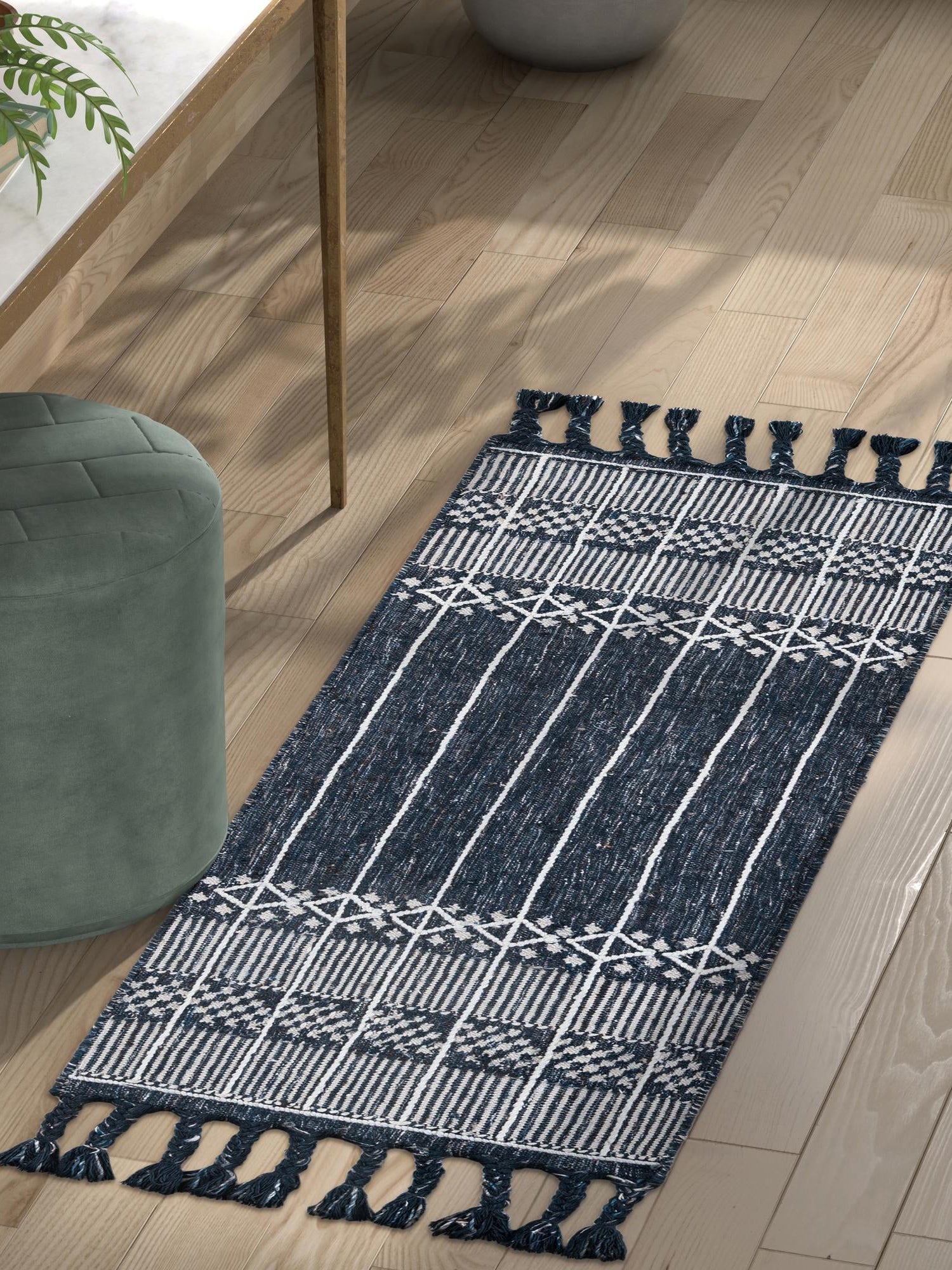 Navy Blue 2' 2 x 5' 1 Eco Bohemian Indoor Outdoor Runner Area Rug Weather Resistant for Patio, Deck, Terrace, Balcony, Porch 100% Recycled PET Polyester Carpet Mat for Sale at Rug Engine