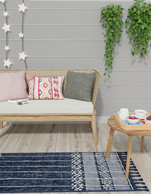 Navy Blue 2' 2 x 6' 7 Eco Bohemian Indoor Outdoor Runner Area Rug Weather Resistant for Patio, Deck, Terrace, Balcony, Porch 100% Recycled PET Polyester Carpet Mat for Sale at Rug Engine