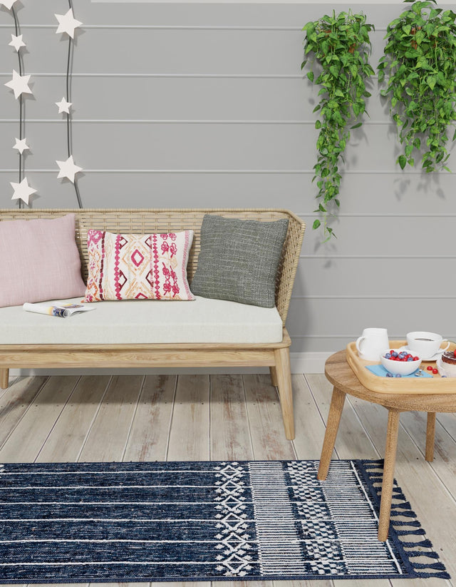 Navy Blue 2' 2 x 6' 7 Eco Bohemian Indoor Outdoor Runner Area Rug Weather Resistant for Patio, Deck, Terrace, Balcony, Porch 100% Recycled PET Polyester Carpet Mat for Sale at Rug Engine
