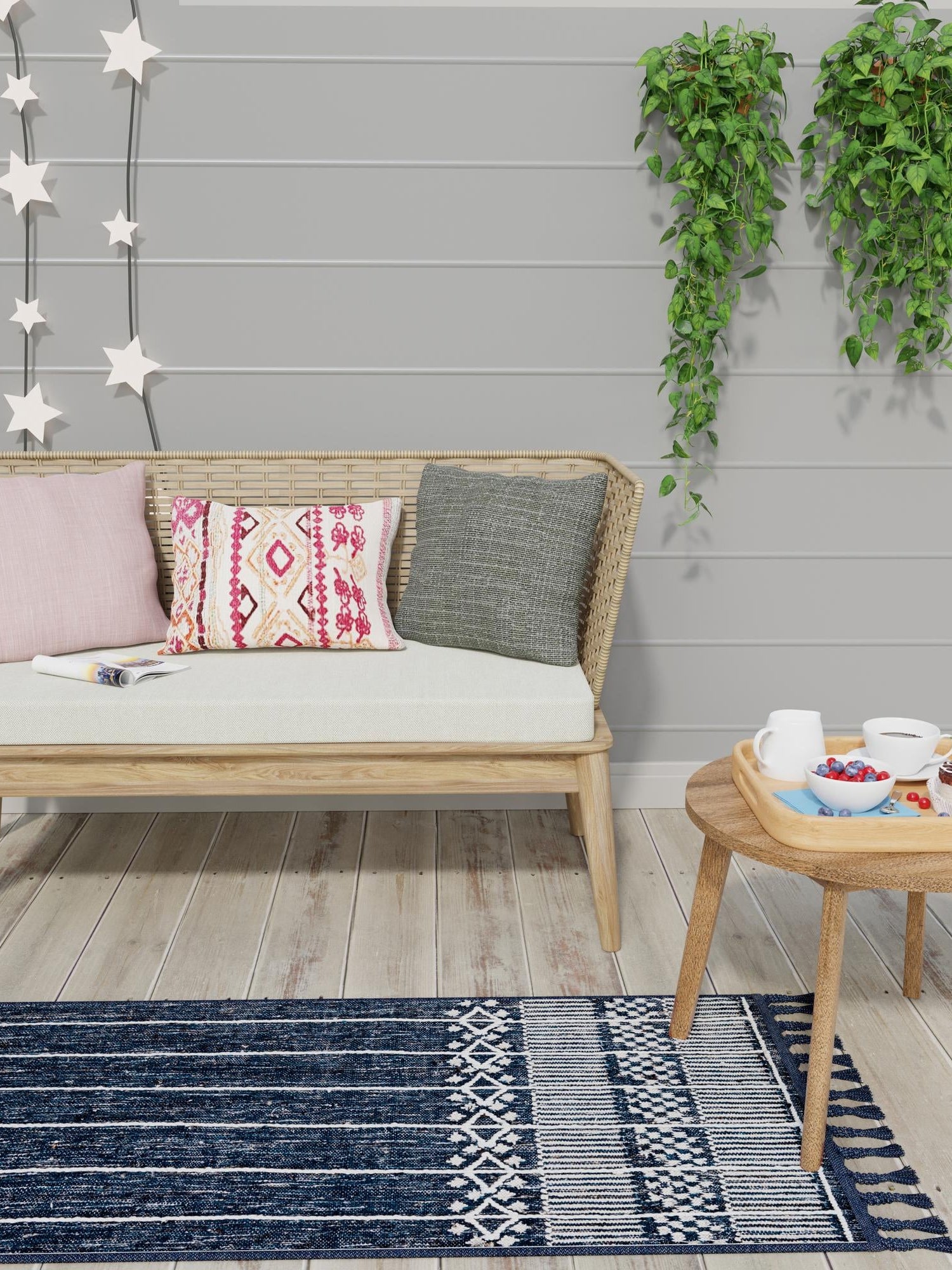 Navy Blue 2' 2 x 5' 1 Eco Bohemian Indoor Outdoor Runner Area Rug Weather Resistant for Patio, Deck, Terrace, Balcony, Porch 100% Recycled PET Polyester Carpet Mat for Sale at Rug Engine