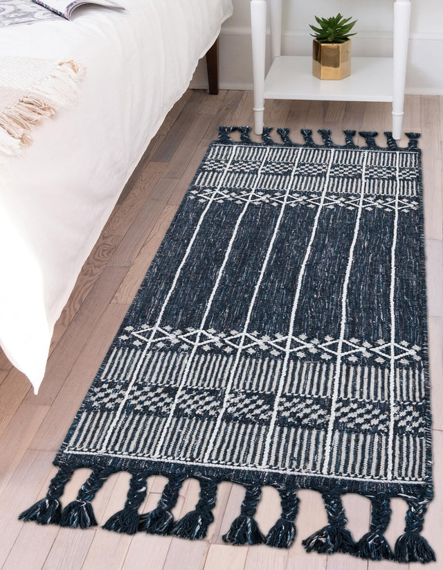 Navy Blue 2' 2 x 8' 2 Eco Bohemian Indoor Outdoor Runner Area Rug Weather Resistant for Patio, Deck, Terrace, Balcony, Porch 100% Recycled PET Polyester Carpet Mat for Sale at Rug Engine