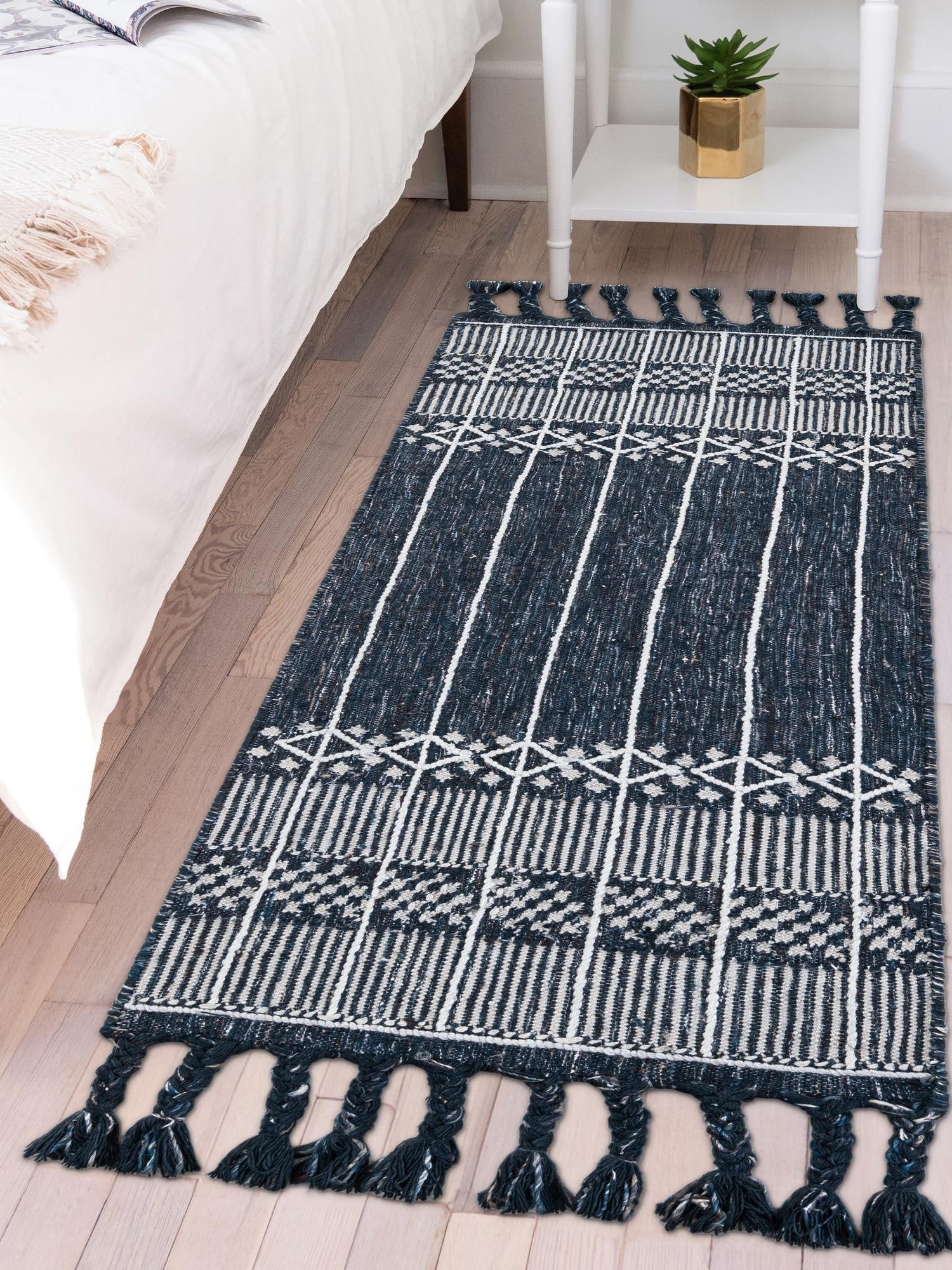 Navy Blue 2' 2 x 5' 1 Eco Bohemian Indoor Outdoor Runner Area Rug Weather Resistant for Patio, Deck, Terrace, Balcony, Porch 100% Recycled PET Polyester Carpet Mat for Sale at Rug Engine