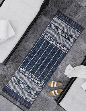 Navy Blue 2' 2 x 6' 7 Eco Bohemian Indoor Outdoor Runner Area Rug Weather Resistant for Patio, Deck, Terrace, Balcony, Porch 100% Recycled PET Polyester Carpet Mat for Sale at Rug Engine