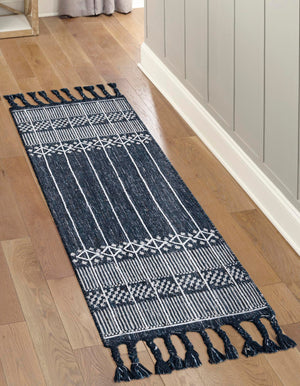 Navy Blue 2' 2 x 6' 7 Eco Bohemian Indoor Outdoor Runner Area Rug Weather Resistant for Patio, Deck, Terrace, Balcony, Porch 100% Recycled PET Polyester Carpet Mat for Sale at Rug Engine