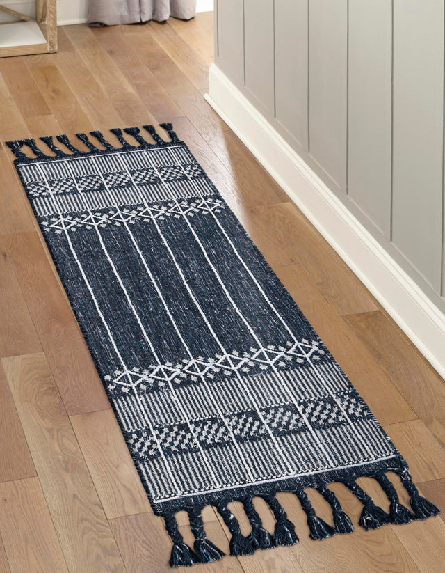 Navy Blue 2' 2 x 5' 1 Eco Bohemian Indoor Outdoor Runner Area Rug Weather Resistant for Patio, Deck, Terrace, Balcony, Porch 100% Recycled PET Polyester Carpet Mat for Sale at Rug Engine