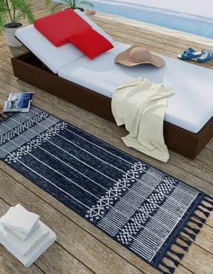 Navy Blue 2' 2 x 8' 2 Eco Bohemian Indoor Outdoor Runner Area Rug Weather Resistant for Patio, Deck, Terrace, Balcony, Porch 100% Recycled PET Polyester Carpet Mat for Sale at Rug Engine