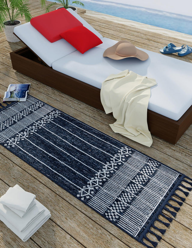Navy Blue 2' 2 x 8' 2 Eco Bohemian Indoor Outdoor Runner Area Rug Weather Resistant for Patio, Deck, Terrace, Balcony, Porch 100% Recycled PET Polyester Carpet Mat for Sale at Rug Engine