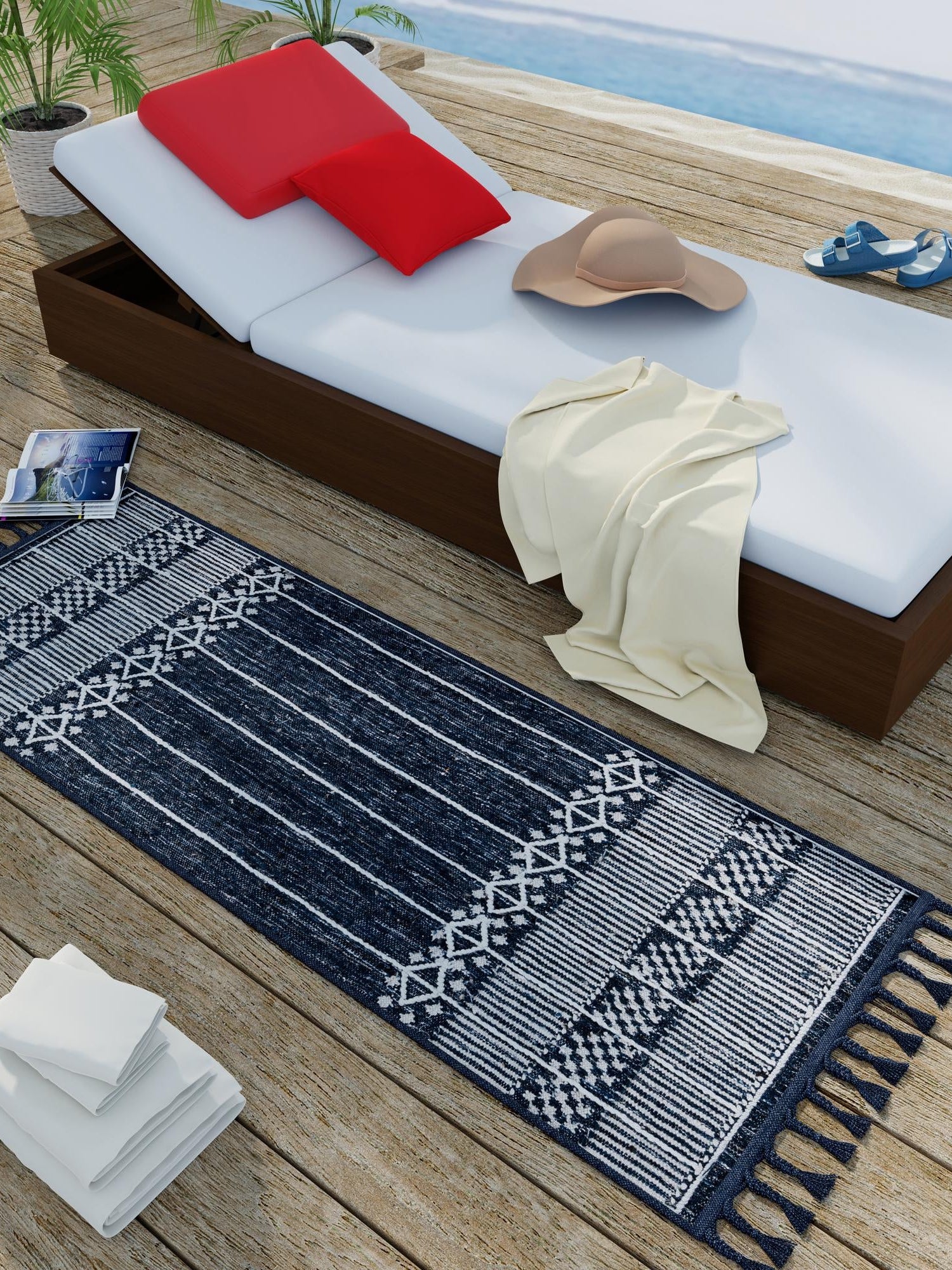Navy Blue 2' 2 x 5' 1 Eco Bohemian Indoor Outdoor Runner Area Rug Weather Resistant for Patio, Deck, Terrace, Balcony, Porch 100% Recycled PET Polyester Carpet Mat for Sale at Rug Engine