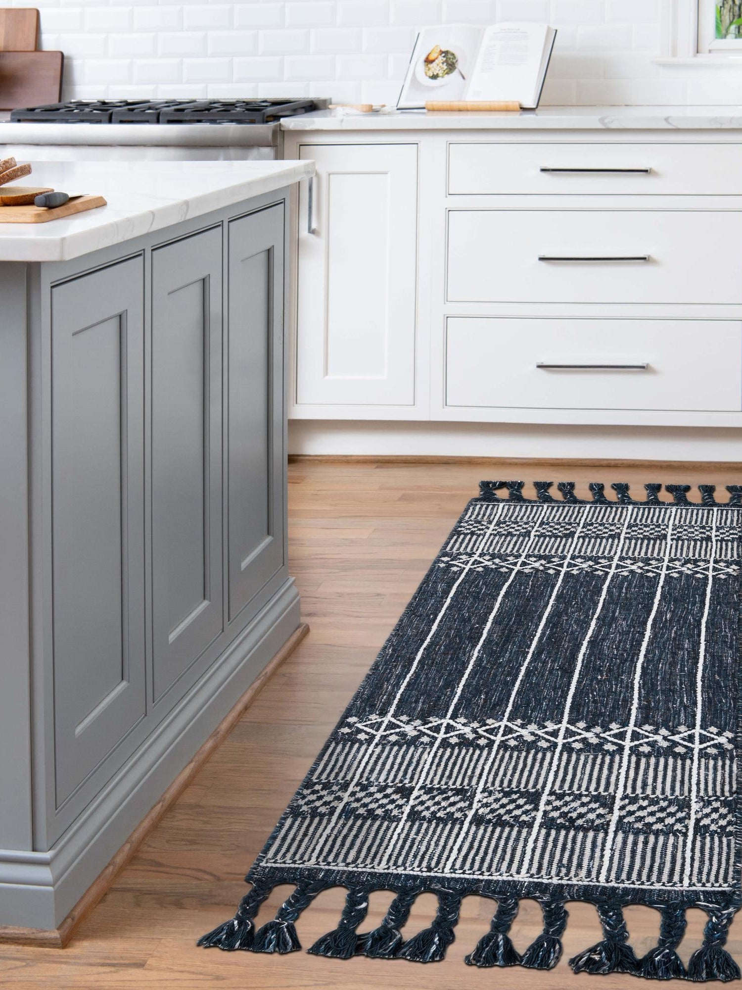 Navy Blue 2' 2 x 5' 1 Eco Bohemian Indoor Outdoor Runner Area Rug Weather Resistant for Patio, Deck, Terrace, Balcony, Porch 100% Recycled PET Polyester Carpet Mat for Sale at Rug Engine