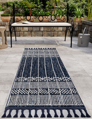 Navy Blue 2' 2 x 5' 1 Eco Bohemian Indoor Outdoor Runner Area Rug Weather Resistant for Patio, Deck, Terrace, Balcony, Porch 100% Recycled PET Polyester Carpet Mat for Sale at Rug Engine