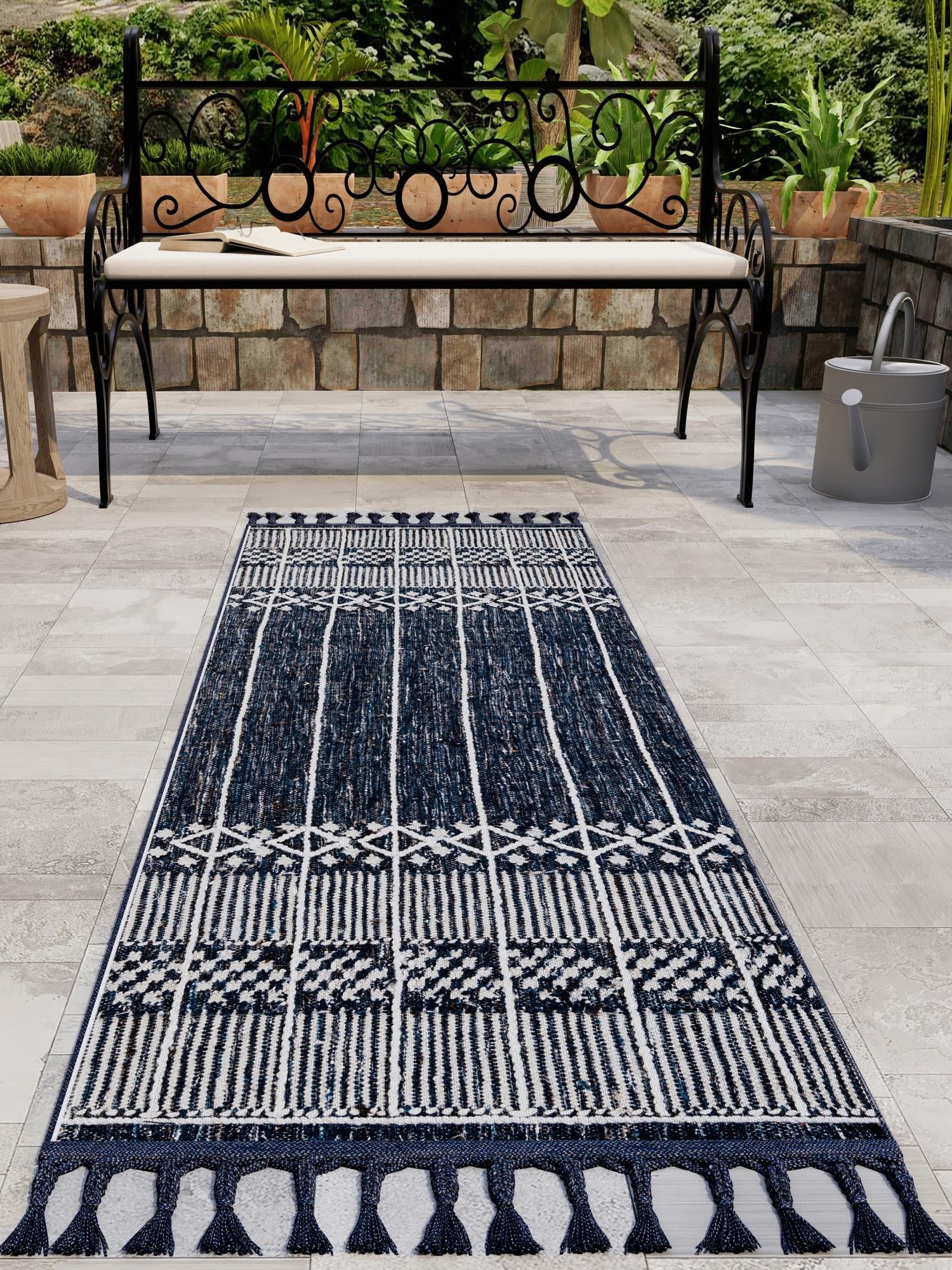 Navy Blue 2' 2 x 8' 2 Eco Bohemian Indoor Outdoor Runner Area Rug Weather Resistant for Patio, Deck, Terrace, Balcony, Porch 100% Recycled PET Polyester Carpet Mat for Sale at Rug Engine