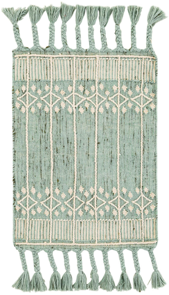 Sea Green 2' x 3' 1 Eco Bohemian Indoor Outdoor Rectangle Area Rug Weather Resistant for Patio, Deck, Terrace, Balcony, Porch 100% Recycled PET Polyester Carpet Mat for Sale at Rug Engine