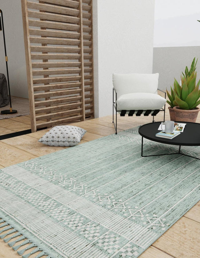 Sea Green 2' x 3' 1 Eco Bohemian Indoor Outdoor Rectangle Area Rug Weather Resistant for Patio, Deck, Terrace, Balcony, Porch 100% Recycled PET Polyester Carpet Mat for Sale at Rug Engine
