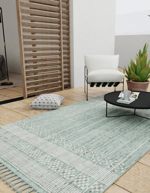 Sea Green 5' 1 x 8' Eco Bohemian Indoor Outdoor Rectangle Area Rug Weather Resistant for Patio, Deck, Terrace, Balcony, Porch 100% Recycled PET Polyester Carpet Mat for Sale at Rug Engine