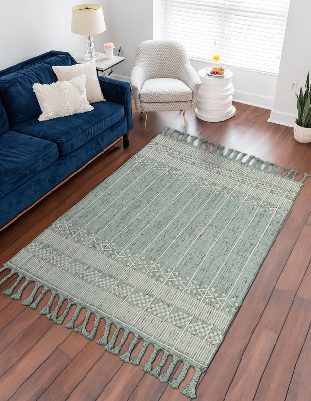 Sea Green 5' 1 x 8' Eco Bohemian Indoor Outdoor Rectangle Area Rug Weather Resistant for Patio, Deck, Terrace, Balcony, Porch 100% Recycled PET Polyester Carpet Mat for Sale at Rug Engine