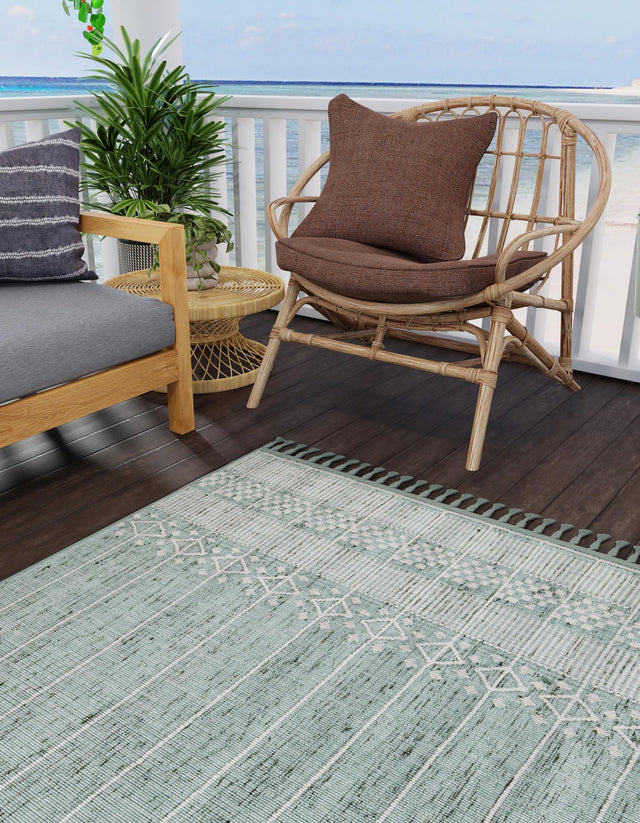 Sea Green 5' 1 x 8' Eco Bohemian Indoor Outdoor Rectangle Area Rug Weather Resistant for Patio, Deck, Terrace, Balcony, Porch 100% Recycled PET Polyester Carpet Mat for Sale at Rug Engine