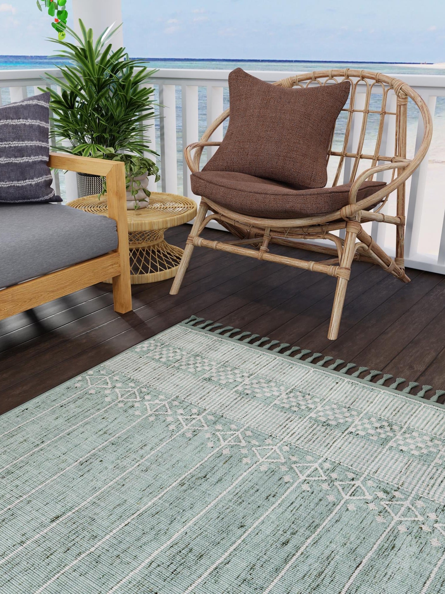 Sea Green 7' 10 x 10' Eco Bohemian Indoor Outdoor Rectangle Area Rug Weather Resistant for Patio, Deck, Terrace, Balcony, Porch 100% Recycled PET Polyester Carpet Mat for Sale at Rug Engine