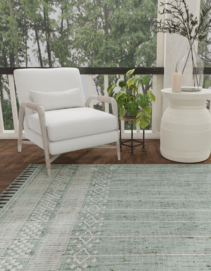 Sea Green 4' 1 x 6' 1 Eco Bohemian Indoor Outdoor Rectangle Area Rug Weather Resistant for Patio, Deck, Terrace, Balcony, Porch 100% Recycled PET Polyester Carpet Mat for Sale at Rug Engine