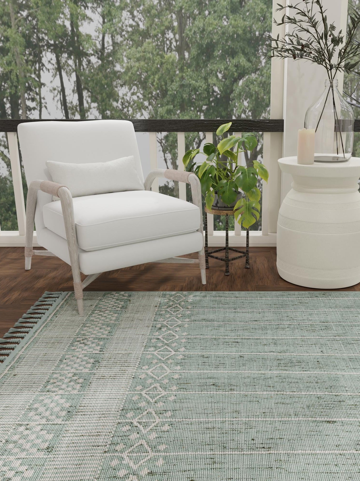 Sea Green 2' x 3' 1 Eco Bohemian Indoor Outdoor Rectangle Area Rug Weather Resistant for Patio, Deck, Terrace, Balcony, Porch 100% Recycled PET Polyester Carpet Mat for Sale at Rug Engine