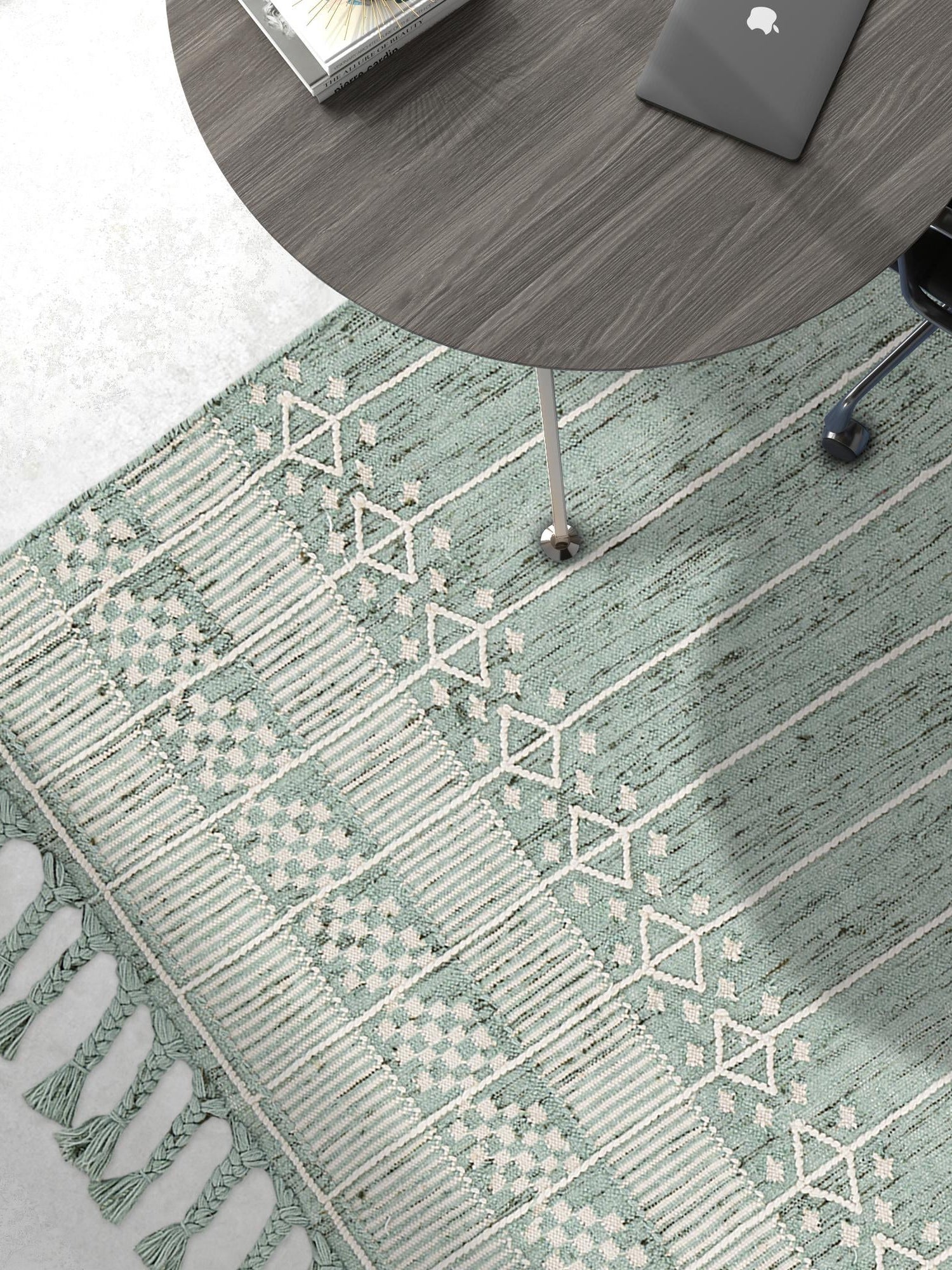 Sea Green 4' 1 x 6' 1 Eco Bohemian Indoor Outdoor Rectangle Area Rug Weather Resistant for Patio, Deck, Terrace, Balcony, Porch 100% Recycled PET Polyester Carpet Mat for Sale at Rug Engine