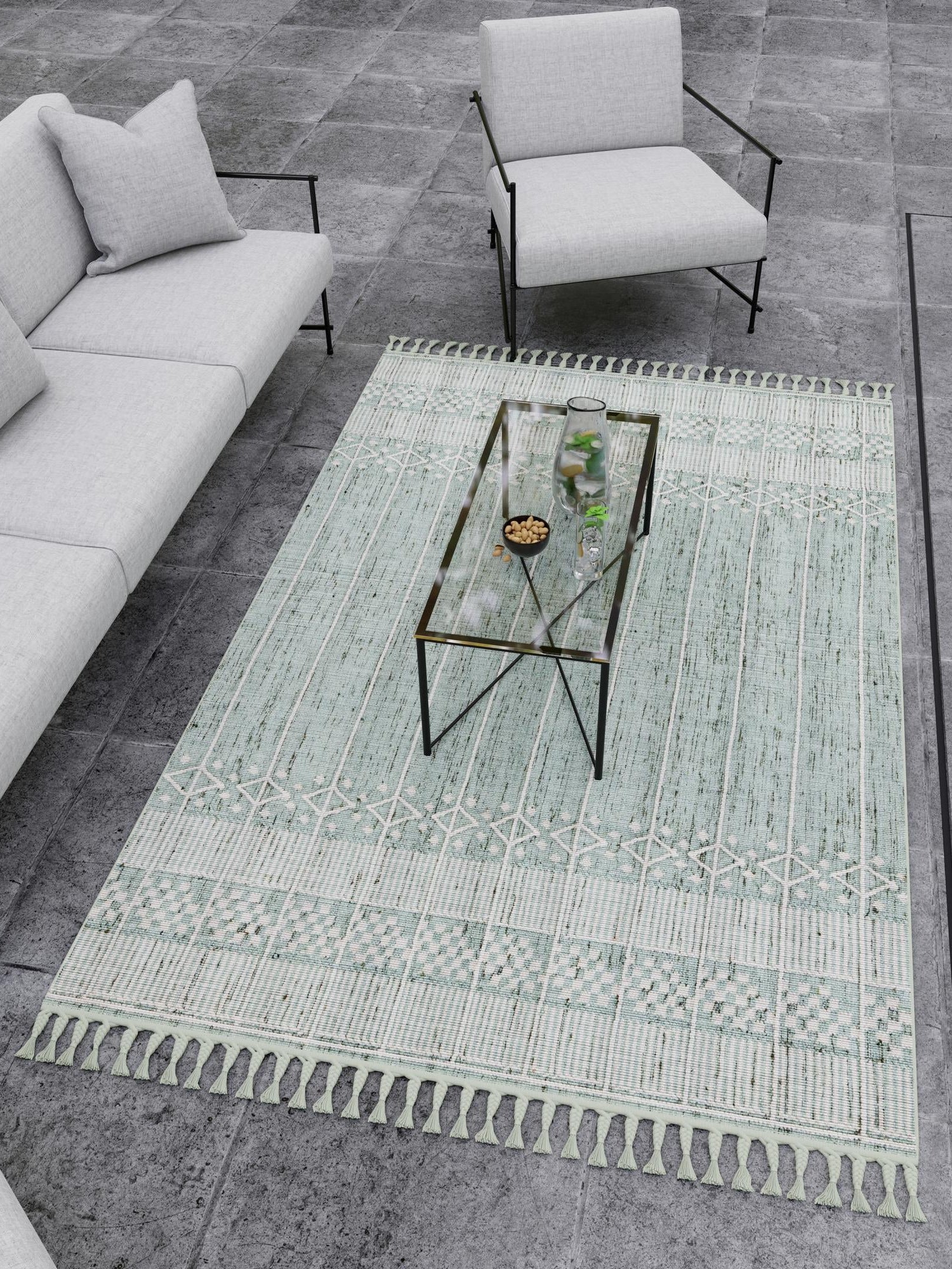 Sea Green 7' 10 x 10' Eco Bohemian Indoor Outdoor Rectangle Area Rug Weather Resistant for Patio, Deck, Terrace, Balcony, Porch 100% Recycled PET Polyester Carpet Mat for Sale at Rug Engine