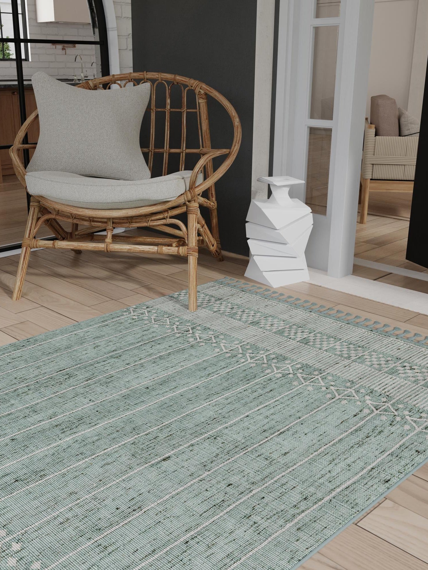 Sea Green 2' x 3' 1 Eco Bohemian Indoor Outdoor Rectangle Area Rug Weather Resistant for Patio, Deck, Terrace, Balcony, Porch 100% Recycled PET Polyester Carpet Mat for Sale at Rug Engine