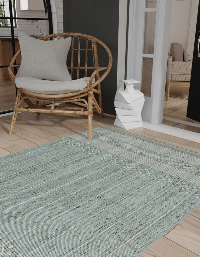 Sea Green 2' x 3' 1 Eco Bohemian Indoor Outdoor Rectangle Area Rug Weather Resistant for Patio, Deck, Terrace, Balcony, Porch 100% Recycled PET Polyester Carpet Mat for Sale at Rug Engine