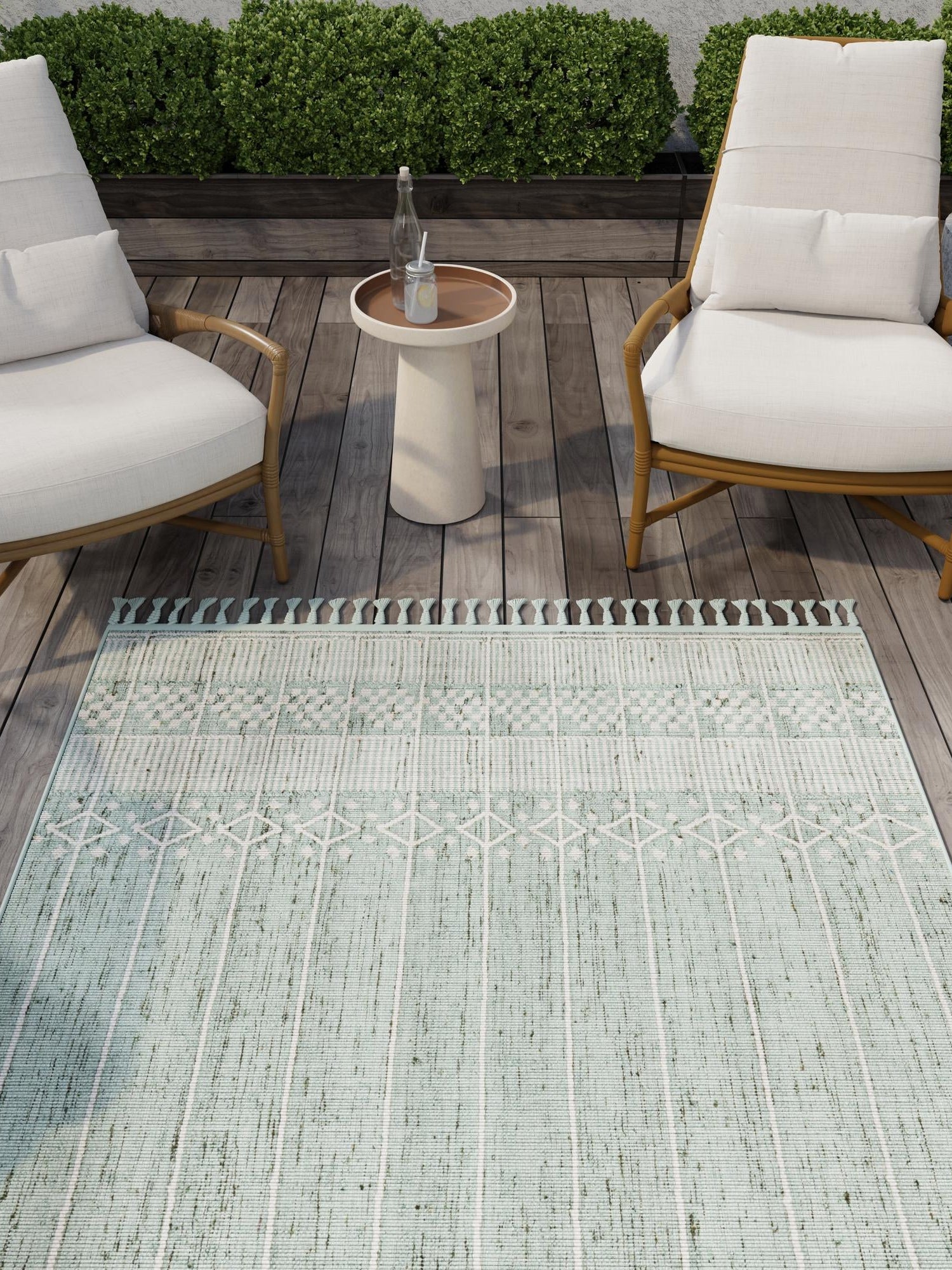 Sea Green 2' x 3' 1 Eco Bohemian Indoor Outdoor Rectangle Area Rug Weather Resistant for Patio, Deck, Terrace, Balcony, Porch 100% Recycled PET Polyester Carpet Mat for Sale at Rug Engine