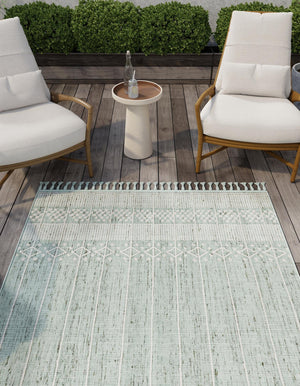 Sea Green 9' x 12' Eco Bohemian Indoor Outdoor Rectangle Area Rug Weather Resistant for Patio, Deck, Terrace, Balcony, Porch 100% Recycled PET Polyester Carpet Mat for Sale at Rug Engine