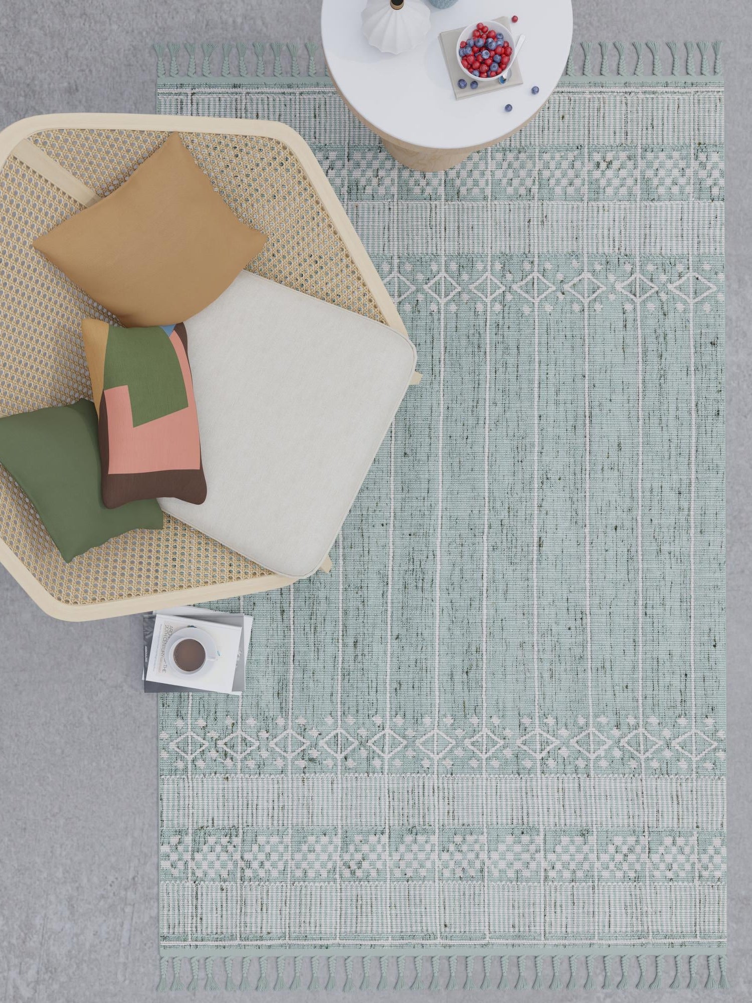 Sea Green 2' x 3' 1 Eco Bohemian Indoor Outdoor Rectangle Area Rug Weather Resistant for Patio, Deck, Terrace, Balcony, Porch 100% Recycled PET Polyester Carpet Mat for Sale at Rug Engine