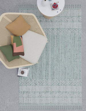 Sea Green 2' x 3' 1 Eco Bohemian Indoor Outdoor Rectangle Area Rug Weather Resistant for Patio, Deck, Terrace, Balcony, Porch 100% Recycled PET Polyester Carpet Mat for Sale at Rug Engine