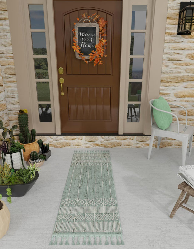 Sea Green 2' 2 x 8' 2 Eco Bohemian Indoor Outdoor Runner Area Rug Weather Resistant for Patio, Deck, Terrace, Balcony, Porch 100% Recycled PET Polyester Carpet Mat for Sale at Rug Engine