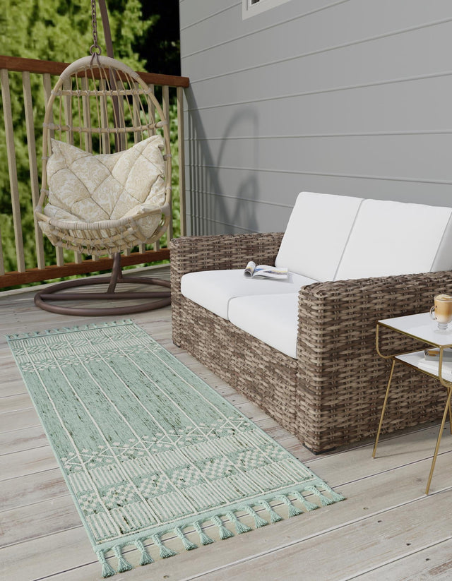 Sea Green 2' 2 x 6' 7 Eco Bohemian Indoor Outdoor Runner Area Rug Weather Resistant for Patio, Deck, Terrace, Balcony, Porch 100% Recycled PET Polyester Carpet Mat for Sale at Rug Engine