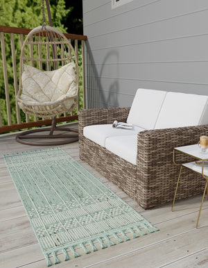 Sea Green 2' 2 x 8' 2 Eco Bohemian Indoor Outdoor Runner Area Rug Weather Resistant for Patio, Deck, Terrace, Balcony, Porch 100% Recycled PET Polyester Carpet Mat for Sale at Rug Engine