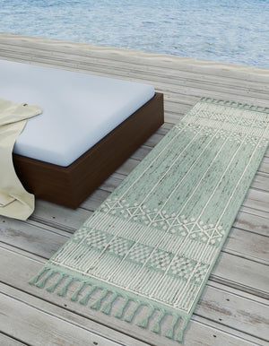 Sea Green 2' 2 x 8' 2 Eco Bohemian Indoor Outdoor Runner Area Rug Weather Resistant for Patio, Deck, Terrace, Balcony, Porch 100% Recycled PET Polyester Carpet Mat for Sale at Rug Engine