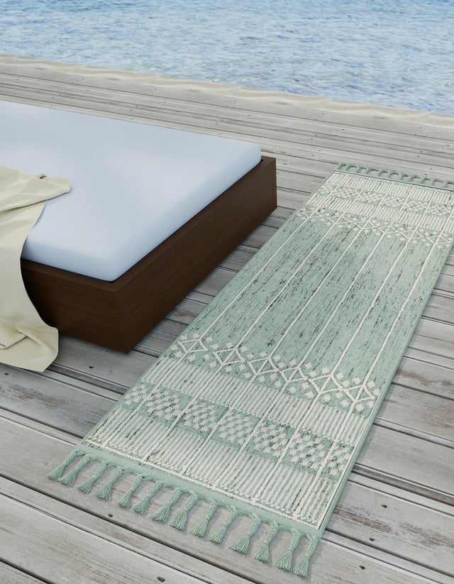 Sea Green 2' 2 x 5' 1 Eco Bohemian Indoor Outdoor Runner Area Rug Weather Resistant for Patio, Deck, Terrace, Balcony, Porch 100% Recycled PET Polyester Carpet Mat for Sale at Rug Engine