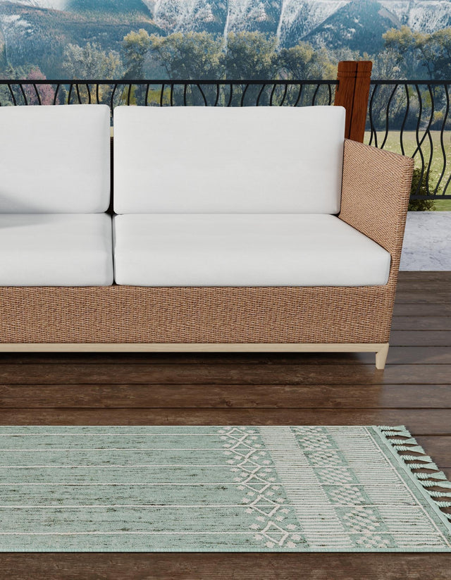 Sea Green 2' 2 x 5' 1 Eco Bohemian Indoor Outdoor Runner Area Rug Weather Resistant for Patio, Deck, Terrace, Balcony, Porch 100% Recycled PET Polyester Carpet Mat for Sale at Rug Engine