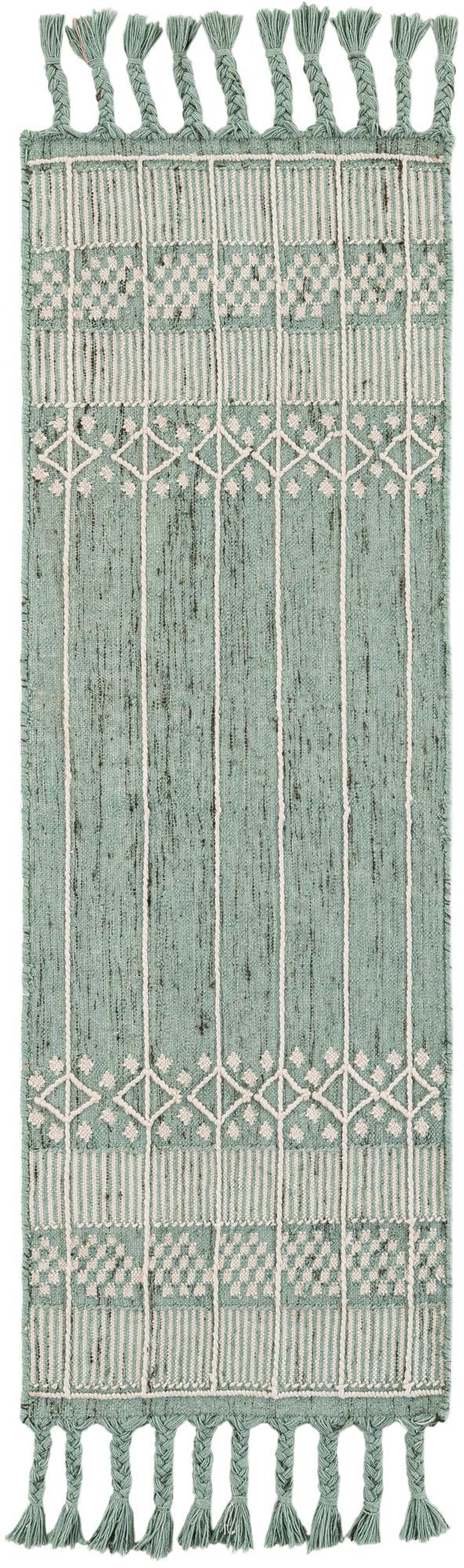 Sea Green 2' 2 x 6' 7 Eco Bohemian Indoor Outdoor Runner Area Rug Weather Resistant for Patio, Deck, Terrace, Balcony, Porch 100% Recycled PET Polyester Carpet Mat for Sale at Rug Engine