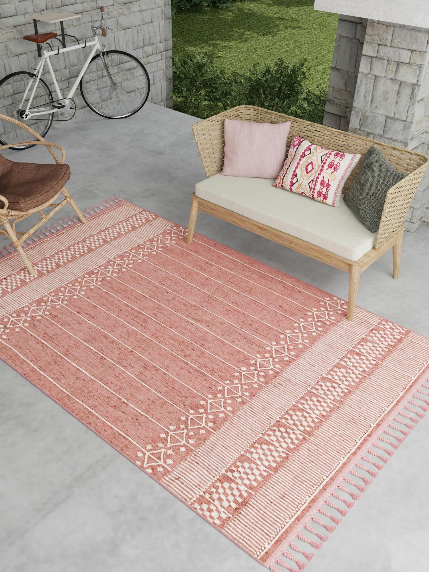SOFT PINK 10' x 14' 1 Eco Bohemian Indoor Outdoor Rectangle Area Rug Weather Resistant for Patio, Deck, Terrace, Balcony, Porch 100% Recycled PET Polyester Carpet Mat for Sale at Rug Engine